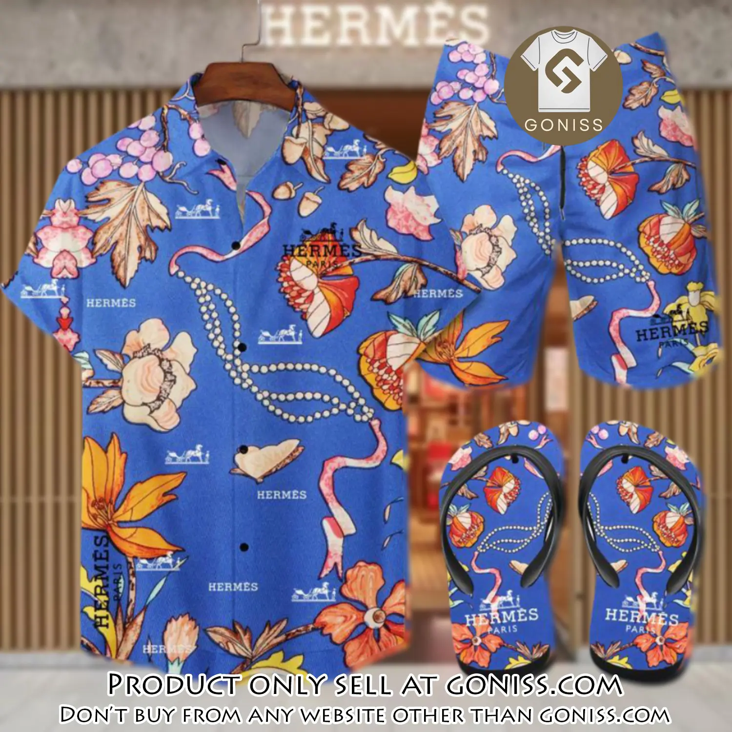 Hermes flip flops and combo hawaii shirt shorts luxury brand summer outfit hsf083 gn0554575